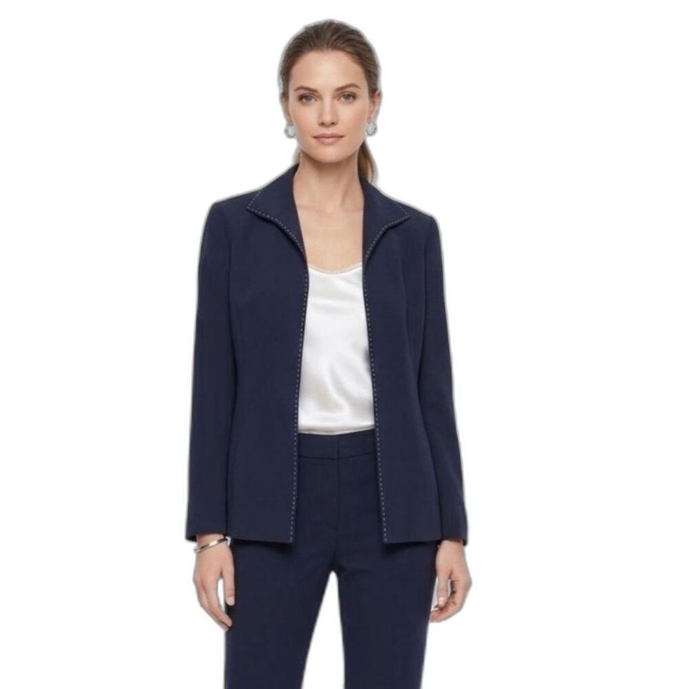 Lafayette 148 Womens Navy White Stitch Detail Open Front LS Blazer Jacket Size 8